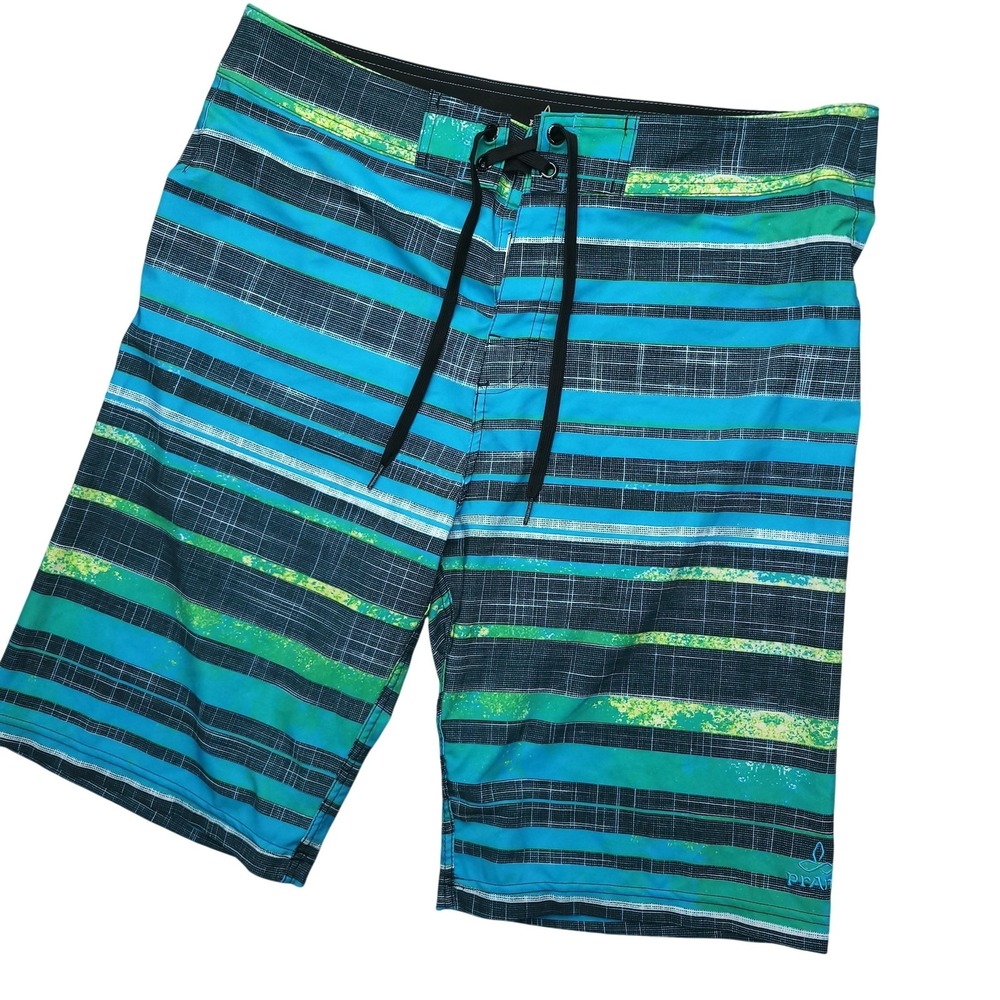PrAna Board Shorts Mens 34 Blue Green Stripe UPF 50 Recycled Stretch Surf Beach